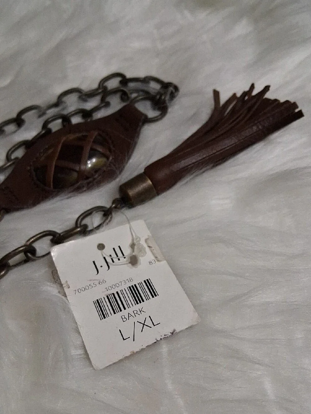 NWT J. Jill Boho Brown Leather Tassel Chain Belt-Bark Color-L/XL
